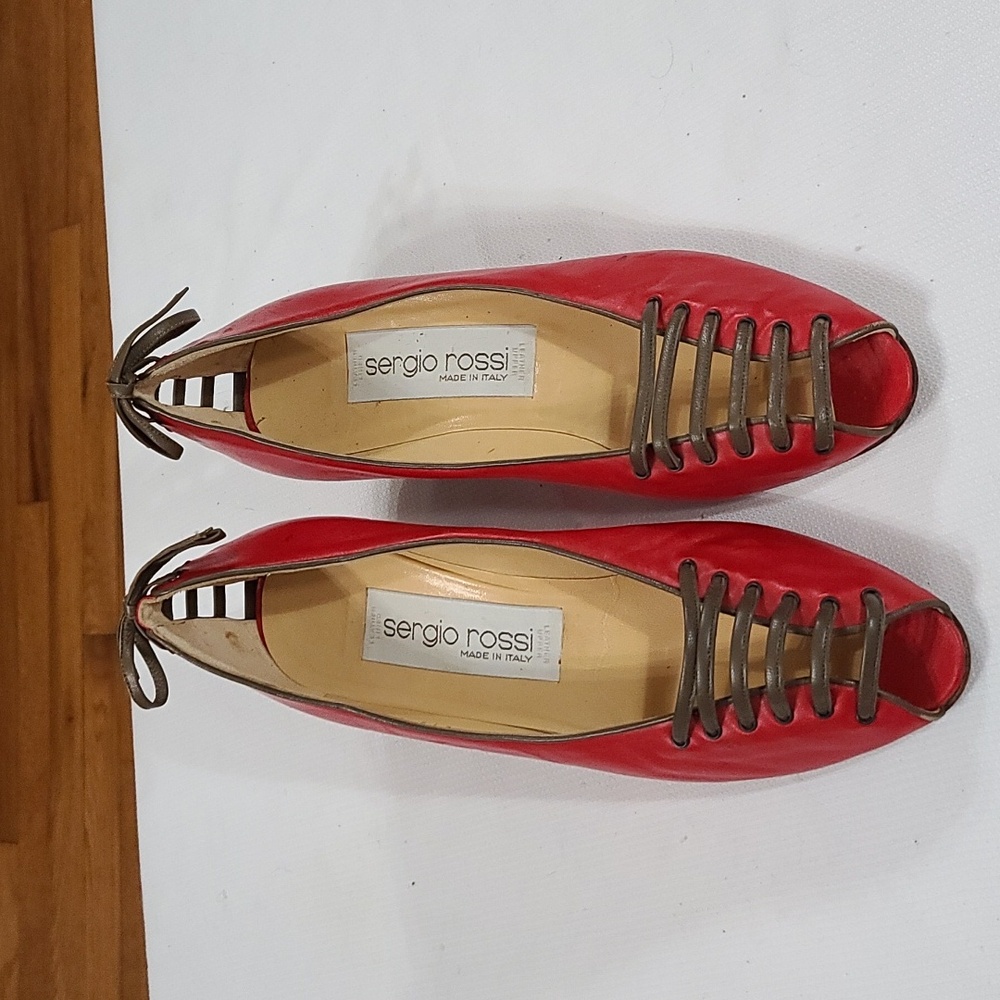 Sergio Rossi Italy Womens Red Leather Heels Shoes LaceUp PeepToe 40/9.5 EUC READ